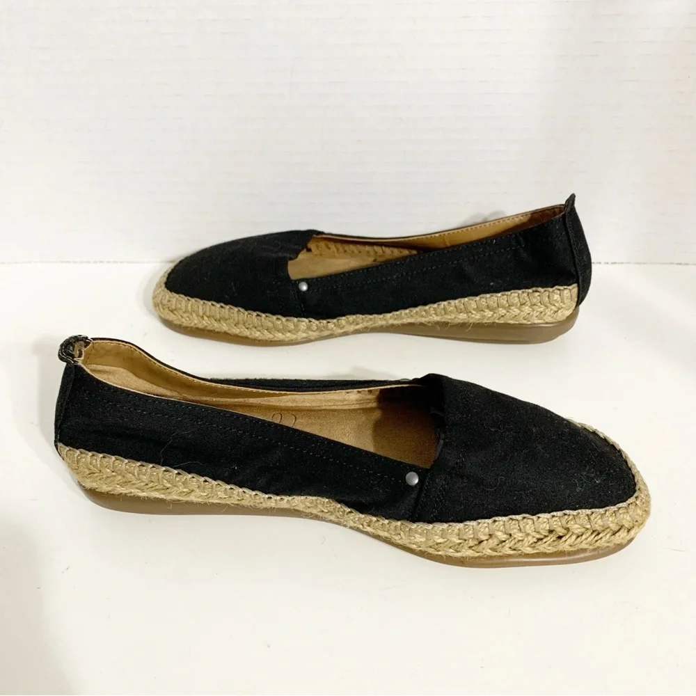 AEROSOLES StitchNTurn Slip-On Canvas Espadrilles Jute Outsole Black / Tan Summer